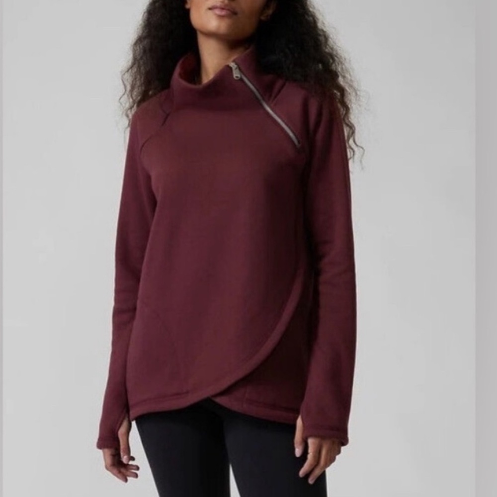 Athleta Cozy Karma Asym Pullover Sweater Maroon Burgundy Zip-Up Jacket Size S